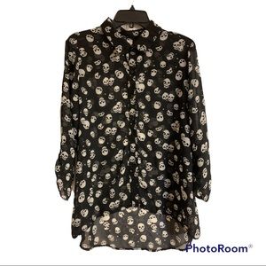 Sheer Black button Down Skull Print Shirt XL